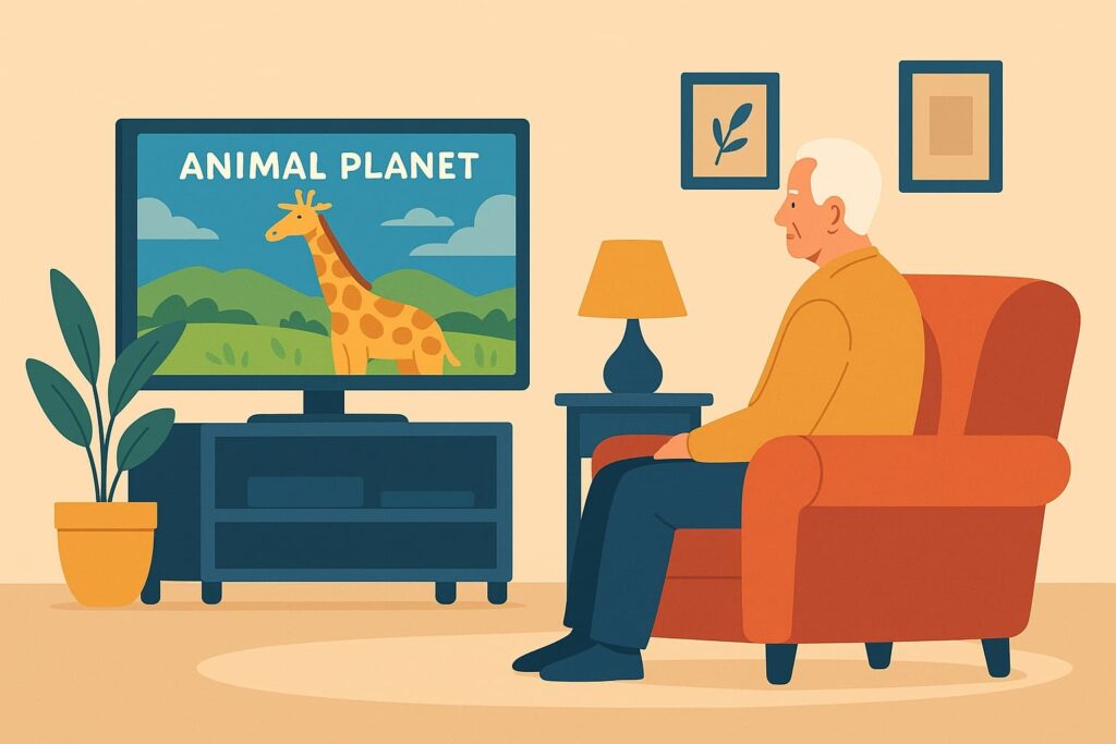 父親坐在沙發上安靜看動物星球頻道的畫面，象徵對生命的敬意