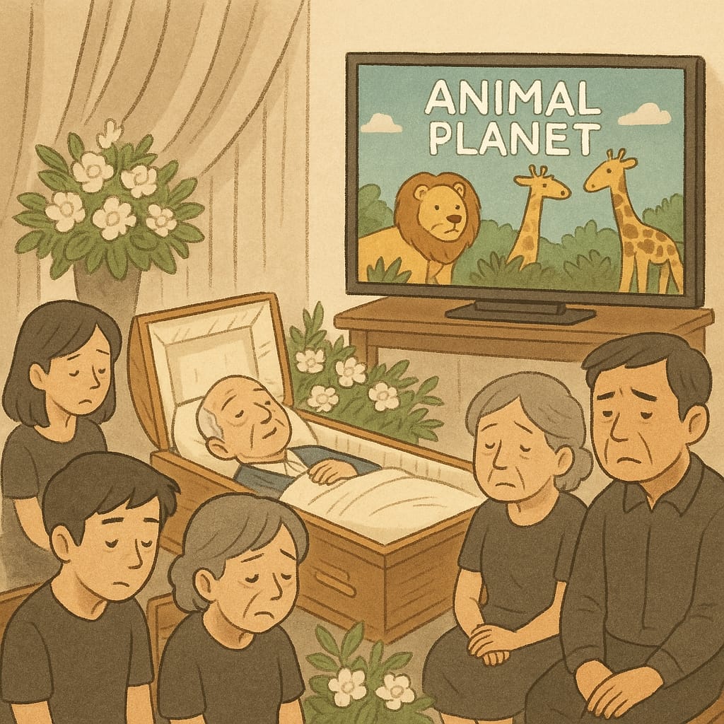 個人化告別式中播放《動物星球頻道》，親人圍繞在靜躺的父親身旁，以他熟悉的節目聲音送他最後一程，象徵自然與生命的溫柔連結。