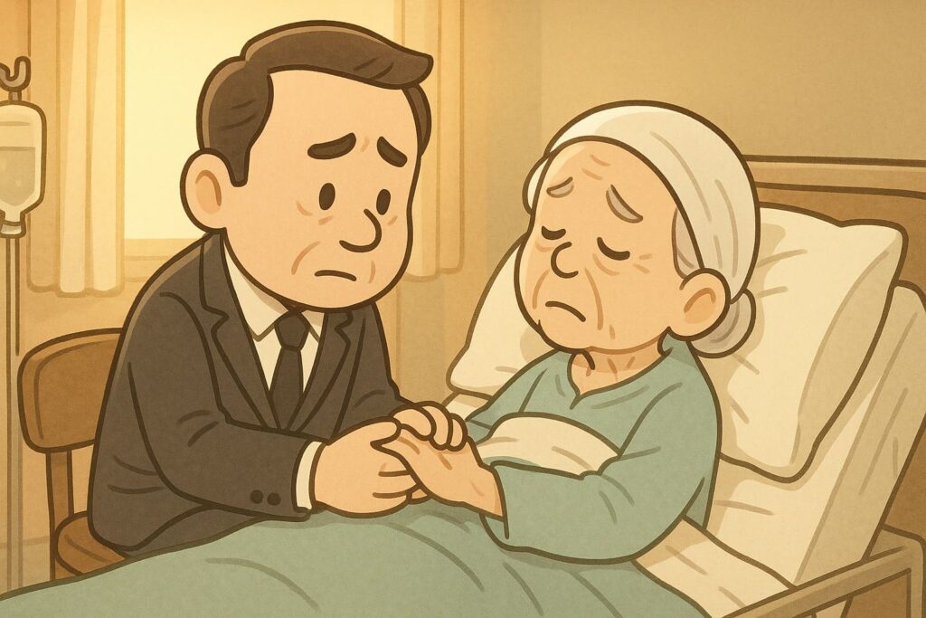 時光生命創辦人在病床旁握著母親的手，呈現臨終陪伴與安寧照護的真實場景