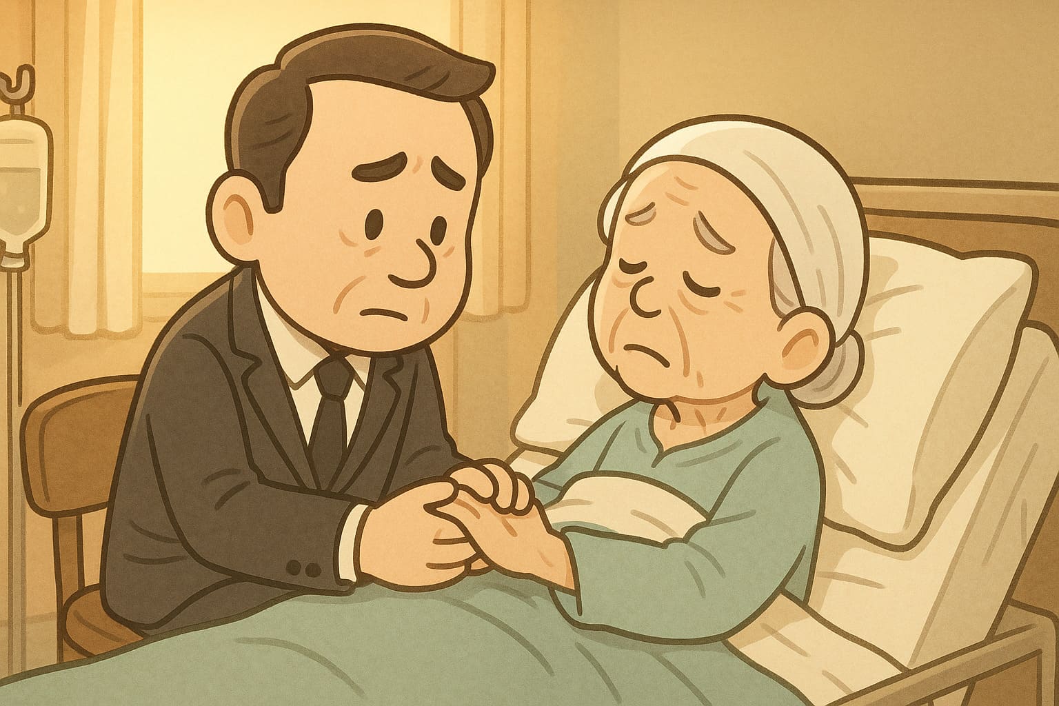 時光生命創辦人在病床旁握著母親的手，呈現臨終陪伴與安寧照護的真實場景