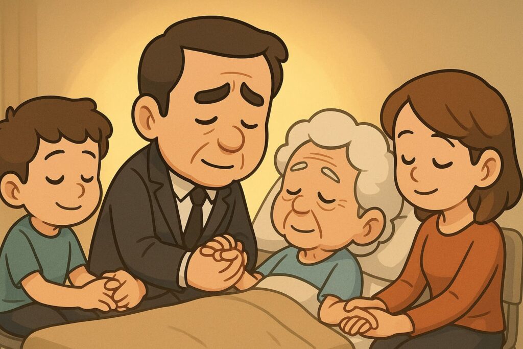 家人圍繞病床手牽手，平靜告別並做臨終準備與預立醫療決定，傳遞溫柔支持