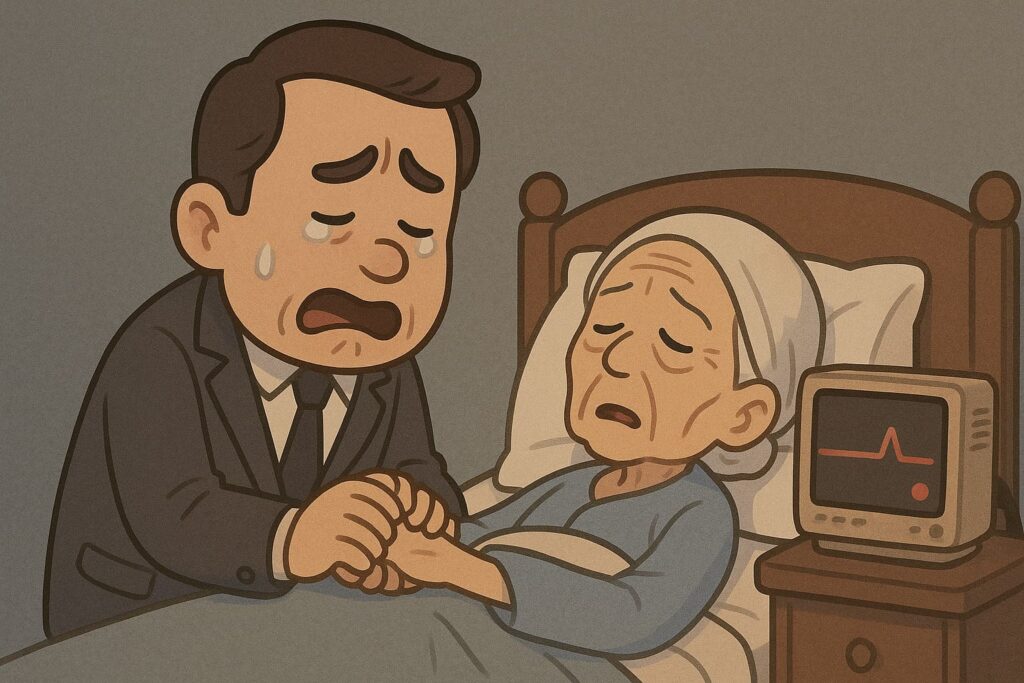 男子含淚握著母親的手，心電監視器顯示心跳歸零，呈現臨終最後時刻的不捨與震撼