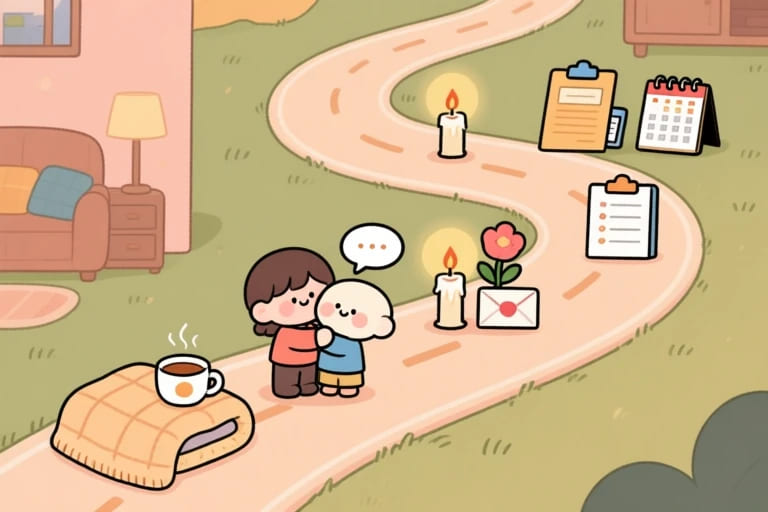 臨終關懷旅程示意圖，依序呈現舒適照護、情緒支持、靈性告別與家屬準備等步驟，說明善終並非等死而是有步驟的陪伴