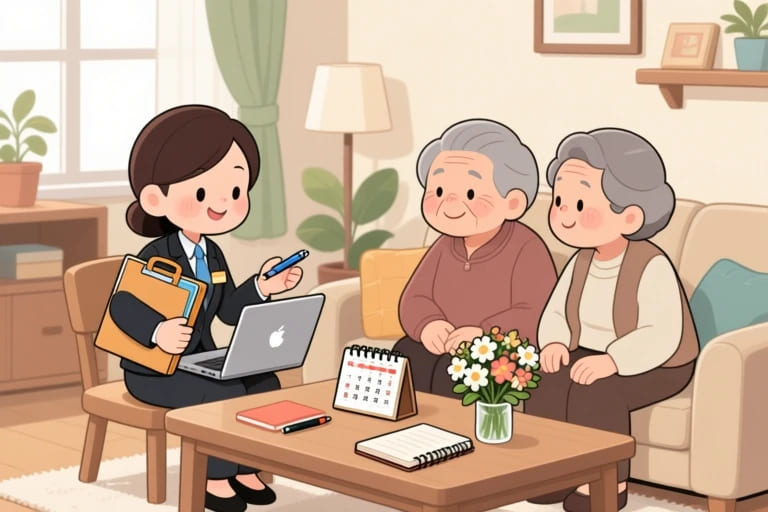 時光生命的殯葬專業顧問在居家客廳與長者家屬溝通到府說明與治喪規劃，傳達專業諮詢、全台服務與臨終關懷支持