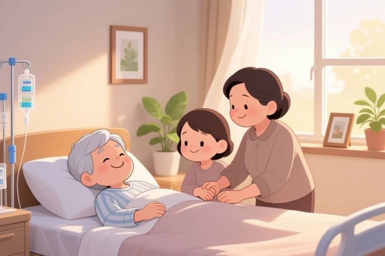 病人安穩躺在病房床上，家屬在床邊握著手陪伴，展現臨終關懷的尊嚴與安心氛圍