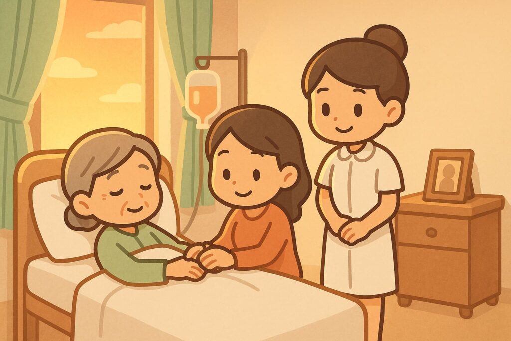 醫院病房中，家屬與護理師陪伴臨終長者，展現溫柔照護