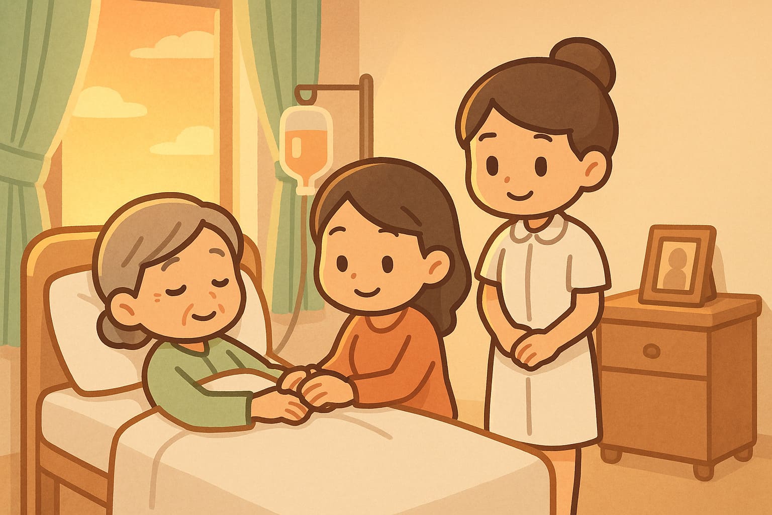 醫院病房中，家屬與護理師陪伴臨終長者，展現溫柔照護