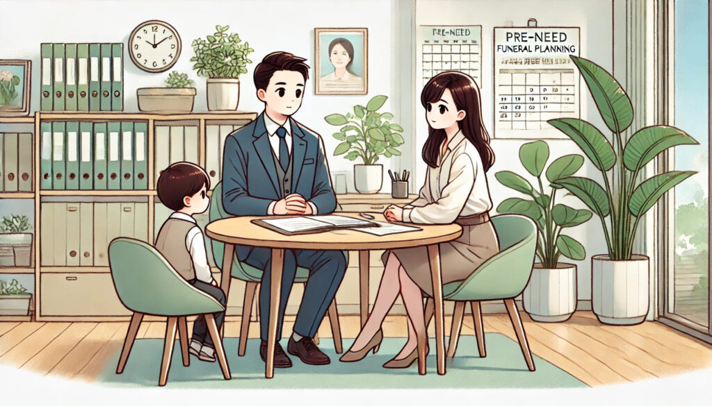 生前預談示意，時光生命專員在溫暖會談室與家屬討論殯葬規劃與流程