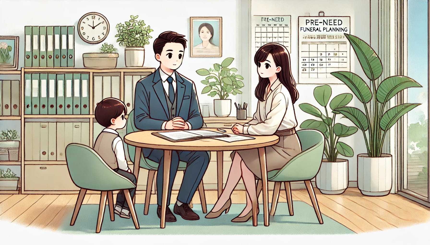 生前預談示意，時光生命專員在溫暖會談室與家屬討論殯葬規劃與流程