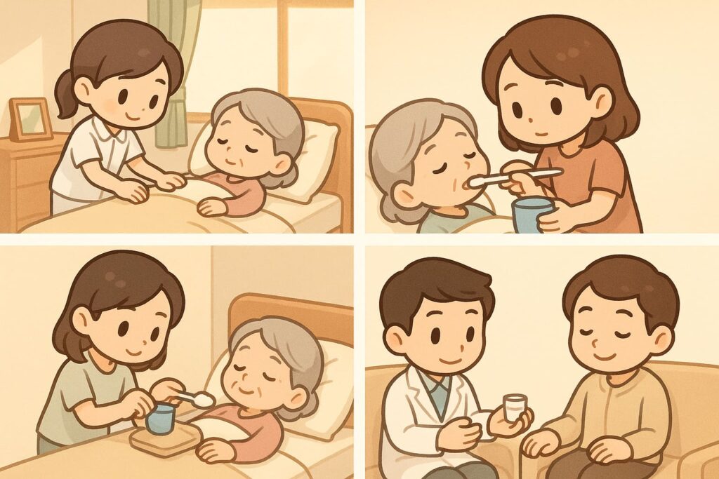 臨終照護過程中，護理人員與家屬協助病人進食、服藥與日常照顧