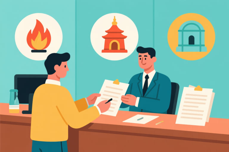 家屬向殯葬單位申請火化許可證，背景有火化場與塔位象徵圖示