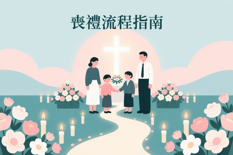 辦喪事流程完整指南封面插畫，呈現家屬在溫柔氛圍中送別親人的意象