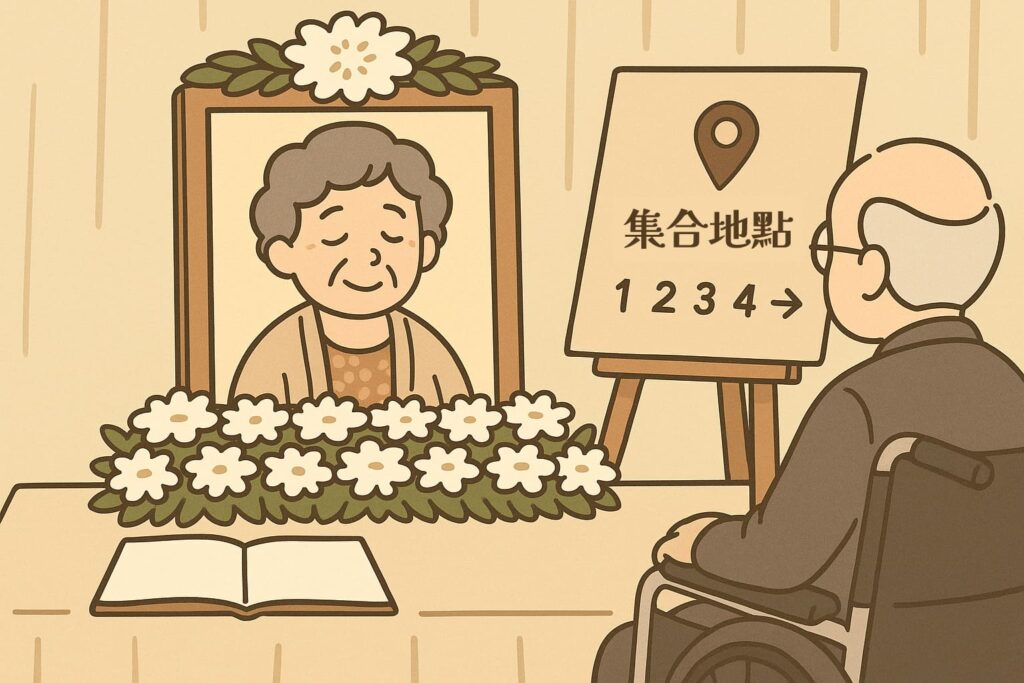 長者坐在輪椅上參加親人的告別式,靜靜凝視靈前遺照,象徵家屬在有序安排下安心道別。