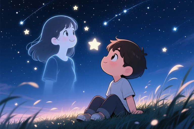 夜空下仰望星星的溫柔告別插畫，象徵思念與靜靜的對話