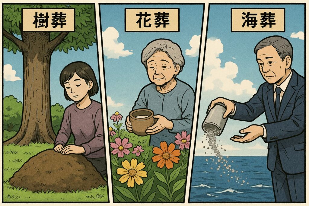 樹葬、花葬與海葬三種環保葬形式的插畫對比,展現自然回歸概念