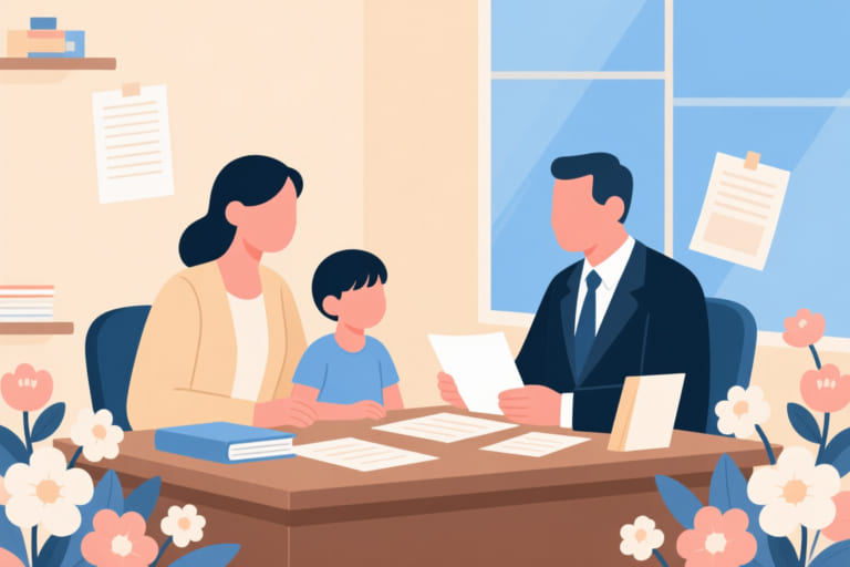 家屬與工作人員討論除戶與遺產相關文件，桌上擺放文件與筆記本