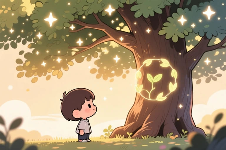 柔光大樹下的Q版人物，象徵愛的延續與死亡轉化的插畫