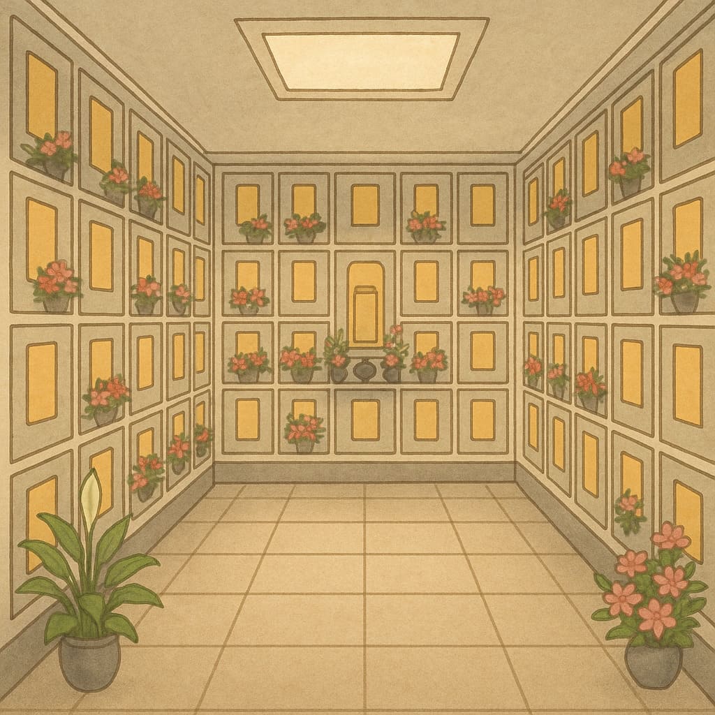 現代化納骨塔室內空間,整齊的骨灰格位與花卉裝飾營造莊重氛圍