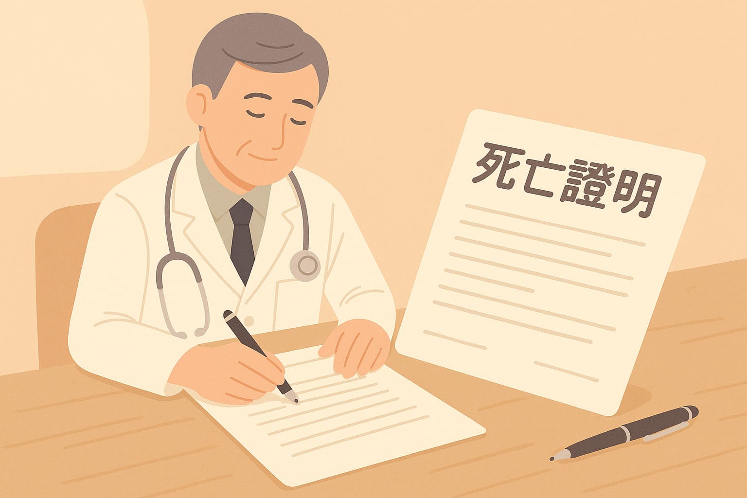 醫師正在書寫死亡診斷書，展示申請死亡證明書所需的醫療程序與必要文件。