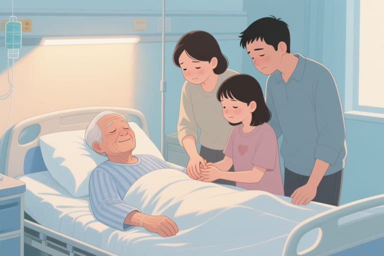 家人握著長者的手溫暖陪伴,象徵生前規劃讓家屬專注在愛與陪伴