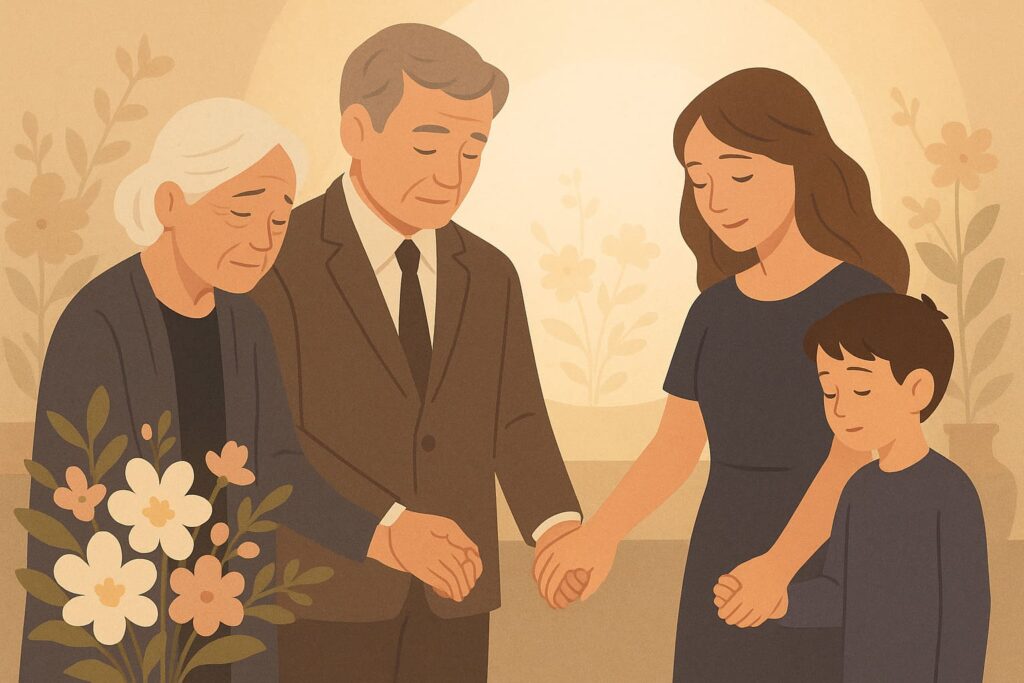 家人手牽手祈禱,象徵善終事前規劃帶來的平靜與圓滿告別。