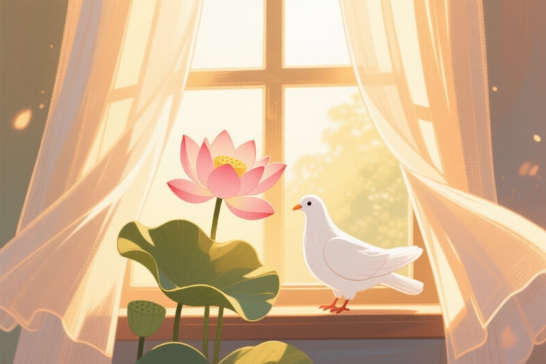 柔光灑落的窗邊,白鴿與蓮花相伴,象徵靈魂安息與往生淨土的平靜祝福。