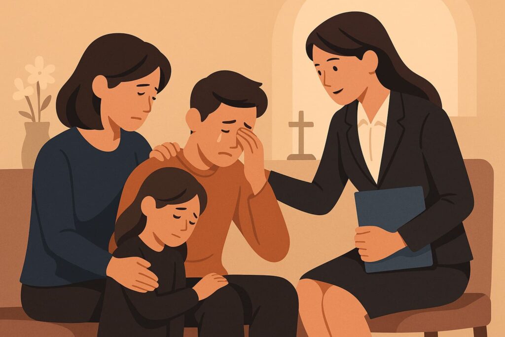 時光生命殯葬服務人員向悲傷的家屬提供協助與說明,陪伴處理死亡證明書申請與後續喪禮流程。