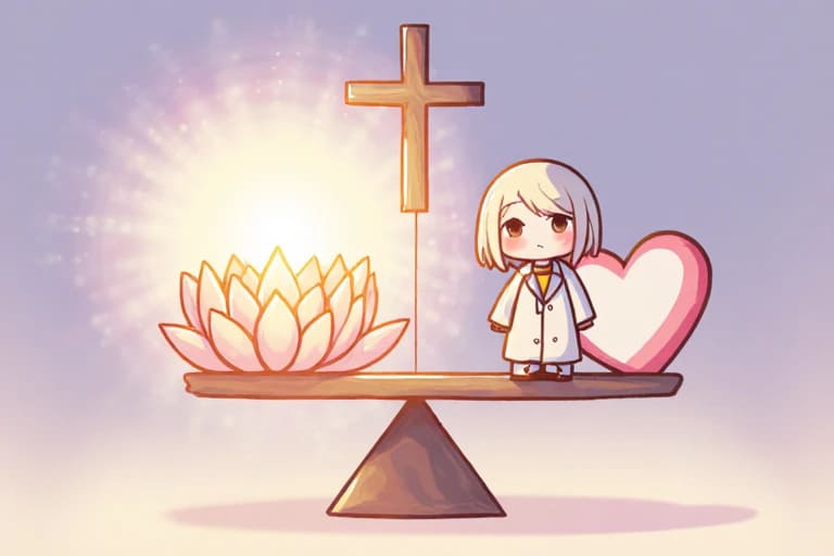 融合不同信仰象徵的插畫,表現尊重多元宗教與儀式選擇。