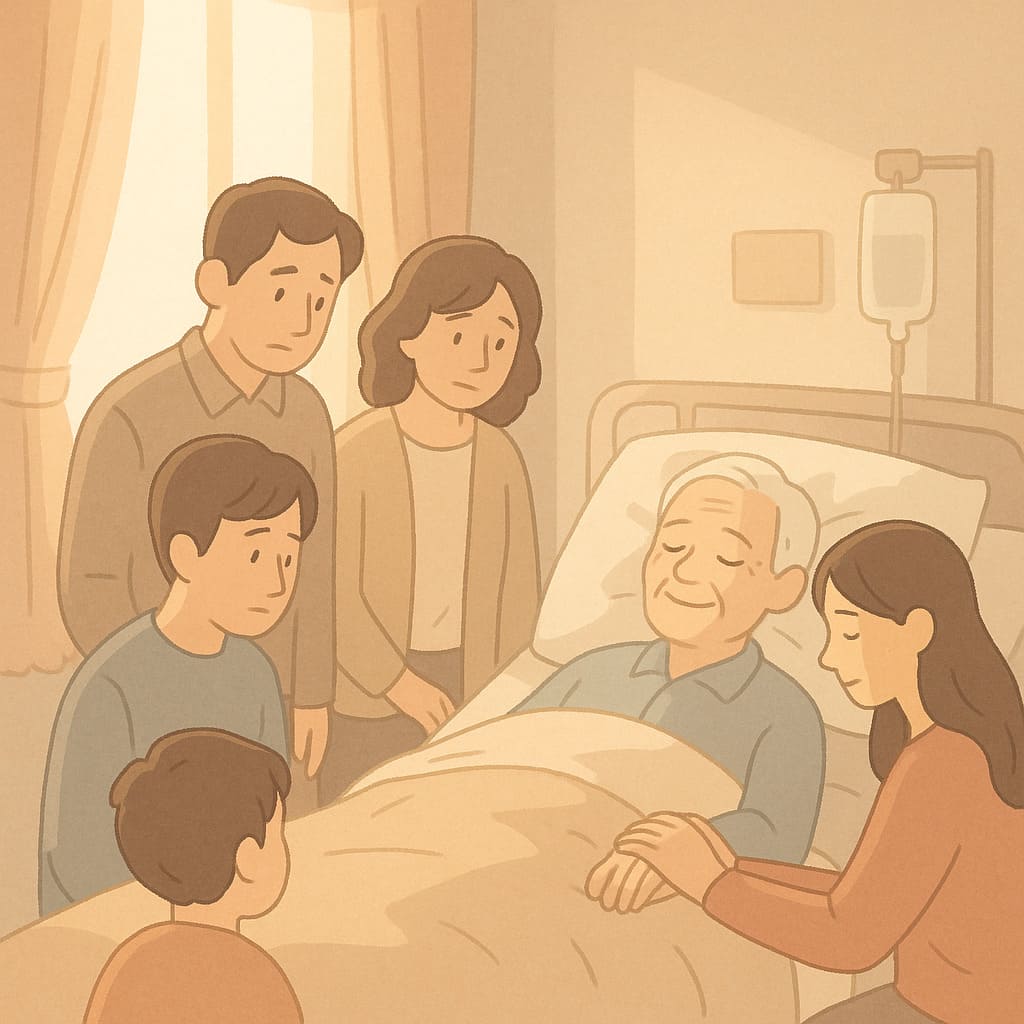 描繪家人圍繞病榻陪伴長者,象徵以愛與尊嚴完成最後的告別。