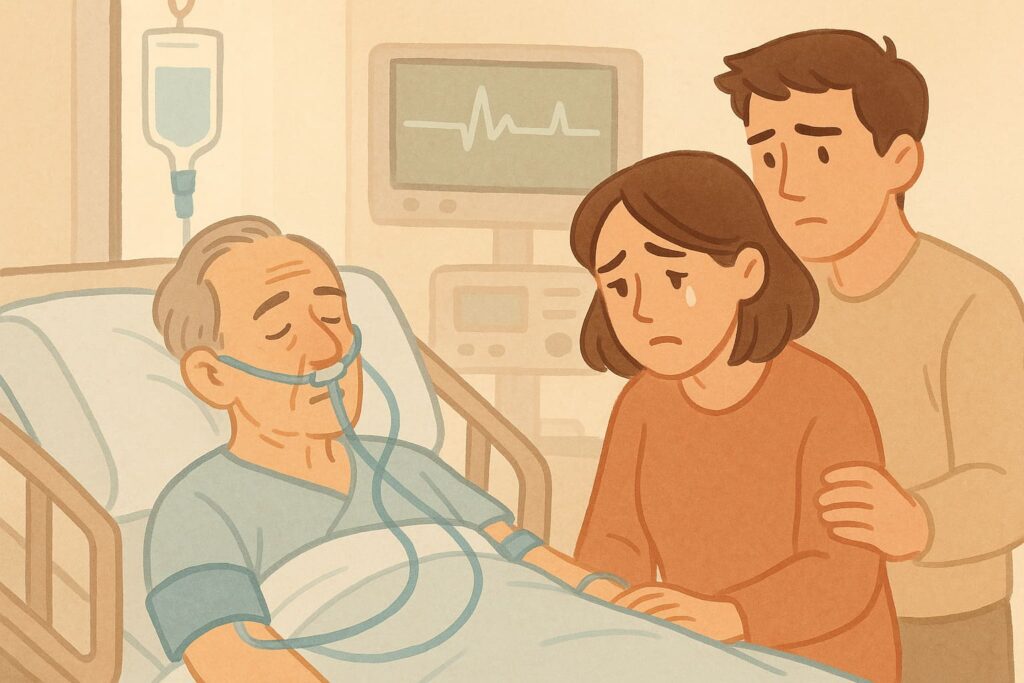 年長者躺在病床上,家人神情哀傷地陪伴,象徵病痛與愛的守護。