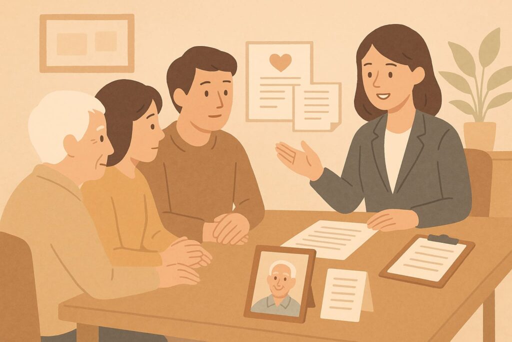 家人與時光生命禮儀師討論生前規劃,象徵提前面對與準備善終的過程。