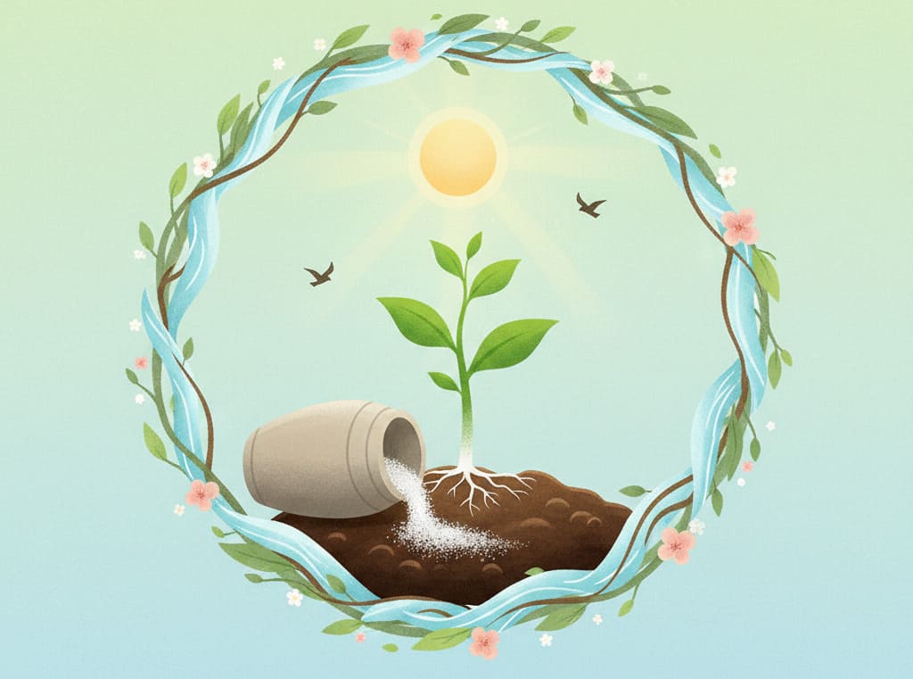 環保葬象徵生命循環的示意圖,骨灰回歸土地孕育新生命,體現自然葬精神