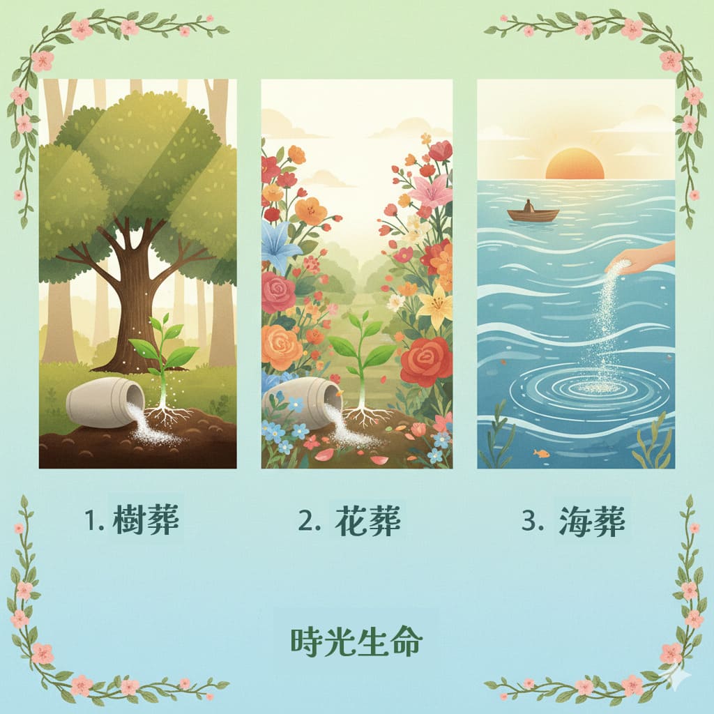 環保葬是什麼?環保葬三種方式示意圖,包含樹葬、花葬與海葬,呈現生命回歸自然的理念