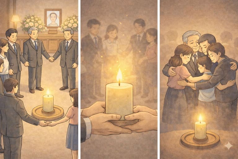 告別式結束後,家人彼此擁抱,在悲傷中互相支持,感受家的溫度,這就是家的樣子