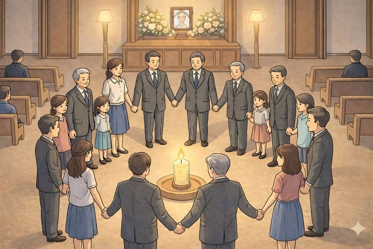 家人在告別式中圍成一個圓，牽起彼此的手，用陪伴與連結送別摯愛的長輩