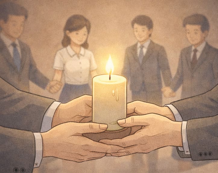 在告別儀式中,家人雙手傳遞燭光,象徵愛與責任在家庭中延續