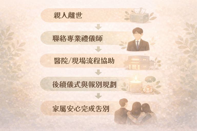 親人離世後的處理流程示意圖，從聯絡專業禮儀師、醫院協助到後續告別儀式安排