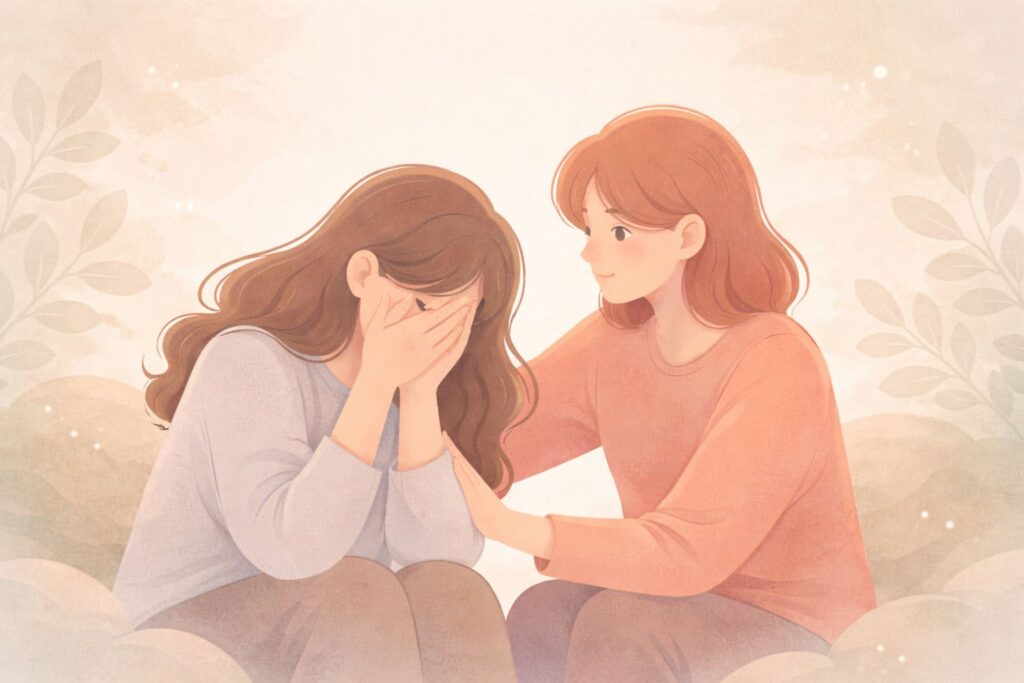 禮儀師耐心傾聽家屬情緒,在混亂時給予穩定陪伴的示意插畫