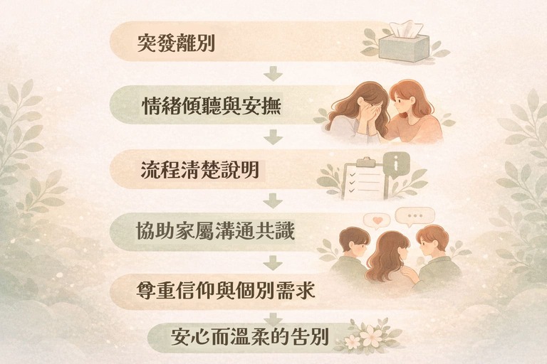 禮儀師從情緒陪伴到完成告別的整體支持流程示意圖