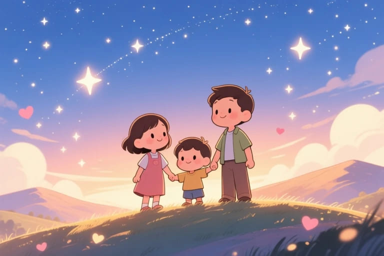 家人在失去摯愛後彼此牽手前行,象徵悲傷後的修復與生命延續